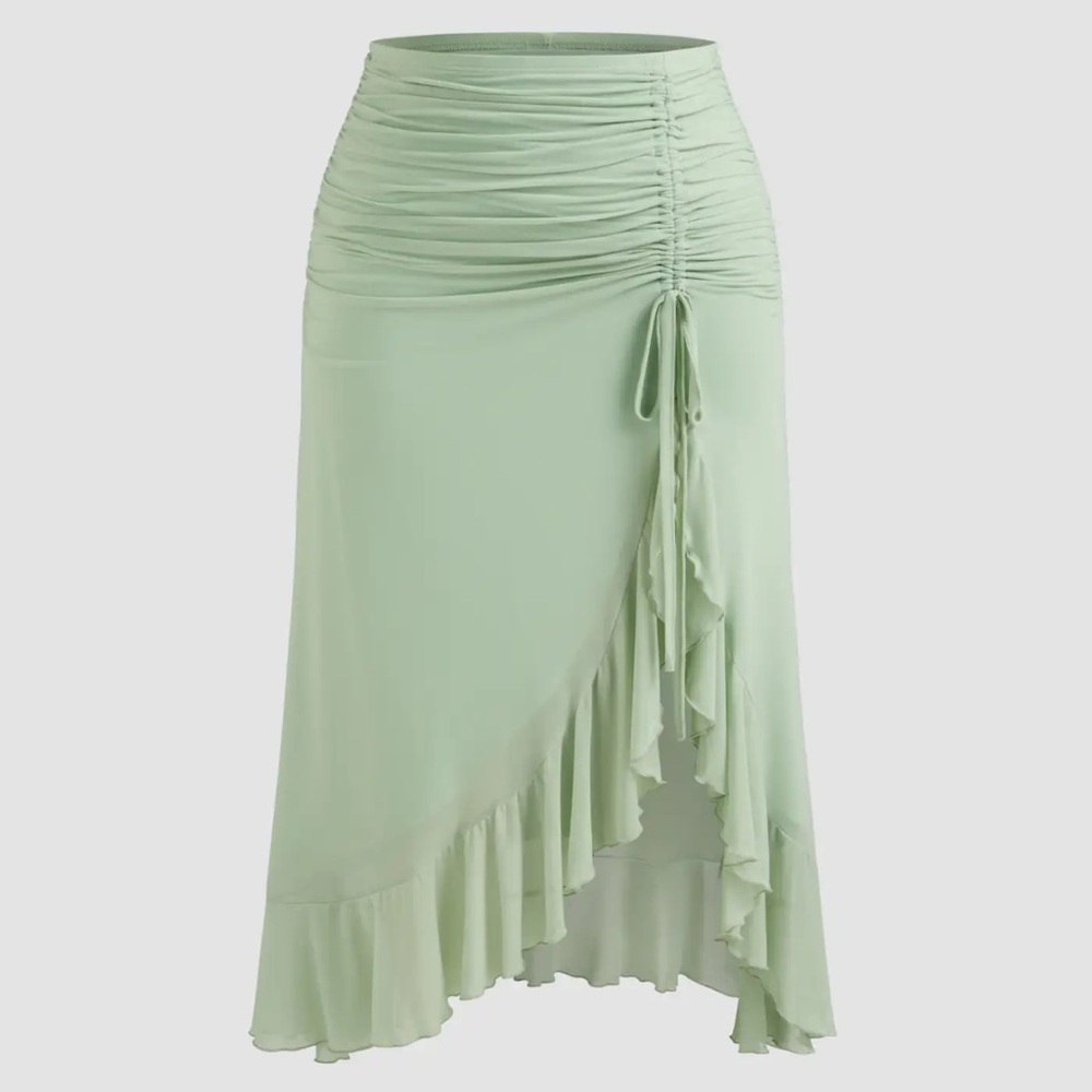 NEW Cider Mesh Ruched Pastel Green Ruffle High Low Skirt